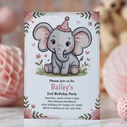 Kids Cute Pink Elephant 2nd Birthday Party 招待状