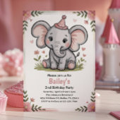 Kids Cute Pink Elephant 2nd Birthday Party 招待状