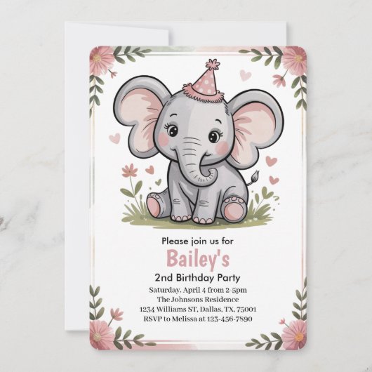 Kids Cute Pink Elephant 2nd Birthday Party 招待状 (正面)