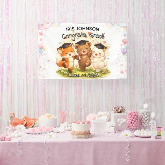 Kid's Cute Woodland Graduation Banner w/ Name 横断幕 (パーティー)