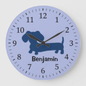 Kids Dachshund Wall Clock Blue Wiener Dog Nursery ラージ壁時計 (正面)