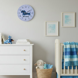 Kids Dachshund Wall Clock Blue Wiener Dog Nursery ラージ壁時計