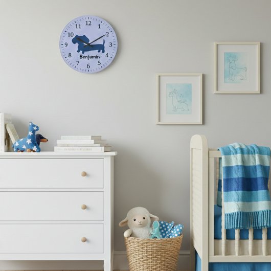 Kids Dachshund Wall Clock Blue Wiener Dog Nursery ラージ壁時計