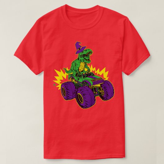 Kids Dinosaur Riding Monster Truck Lazy Halloween  Tシャツ (デザイン正面)