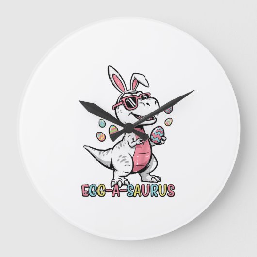 Kids Easter Dino Bunny Egg A Saurus Trex Bunny Boy ラージ壁時計 (正面)