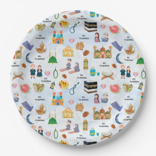 Kids Eid Mubarak Paper Plates – Colourful Islamic ペーパープレート (正面)