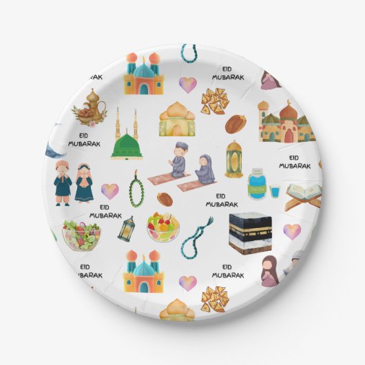 Kids Eid Mubarak Paper Plates – Colourful Islamic  ペーパープレート (正面)