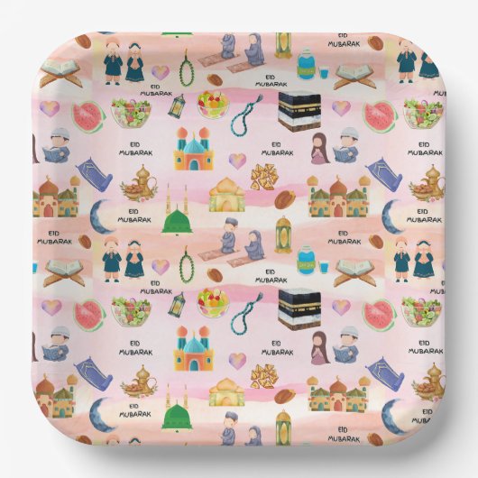 Kids Eid Mubarak Paper Plates – Colourful Islamic ペーパープレート (正面)