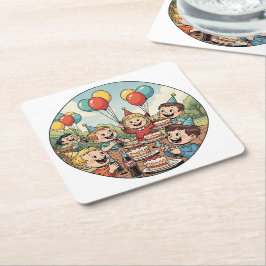 Kids Enjoying their Cakes, Sodas and Balloons スクエアペーパーコースター