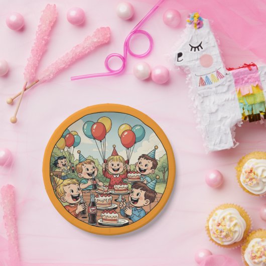 Kids Enjoying their Cakes, Sodas and Balloons ペーパープレート (パーティー)