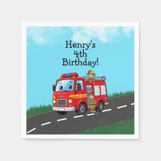 Kid's Fire Truck Birthday Party スタンダードカクテルナプキン (正面)