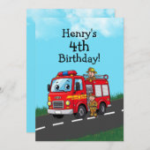 Kid's Fire Truck Birthday Party 招待状 (正面/裏面)