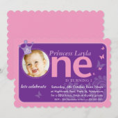 KIDS FIRST BIRTHDAY PARTY PHOTO one pink purple 招待状 (正面/裏面)
