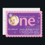 KIDS FIRST BIRTHDAY PARTY PHOTO one pink purple 招待状<br><div class="desc">トレンディーシンプルデザインお子さんのバースデーパーティ招待状。あなたの友達と家族の小さな数とシンプルうわー。テンプレートとしてDSetupは自分の詳細を追加したり、写真を追加したり、ボタンを押したりするためのでカスタマイズす。あなたは文字、フォント、サイズなどのTIPを追加または変更することができます – 写真を含むすべての要素を移動するには"it"ボタンをを押し、文字のフォント/色をを変更。デザインを愛するが、いくつかの変更を参照したい – 別の配色、製品、写真を追加または違う大事な行事に適応 – 単に私を心配しな連絡い、kat@simplysweetPAPERIE.com – 私は幸せだ！ディスプレイ目的で使用されるストックアート。</div>