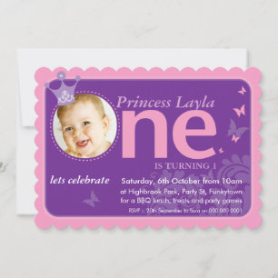 KIDS FIRST BIRTHDAY PARTY PHOTO one pink purple 招待状
