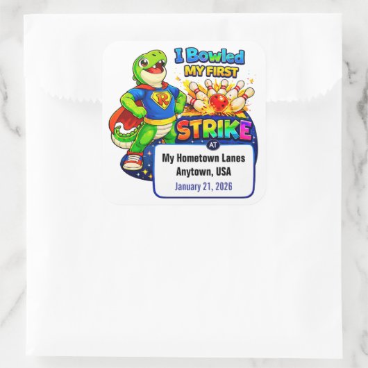 Kid's First Bowling Strike | Personalized スクエアシール (バッグ)