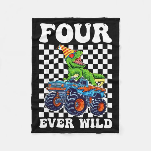 Kids Four Ever Wild Dinosaur Monster Truck 4th Bir フリースブランケット (正面)