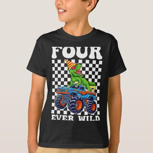 Kids Four Ever Wild Dinosaur Monster Truck 4th Bir Tシャツ (正面)