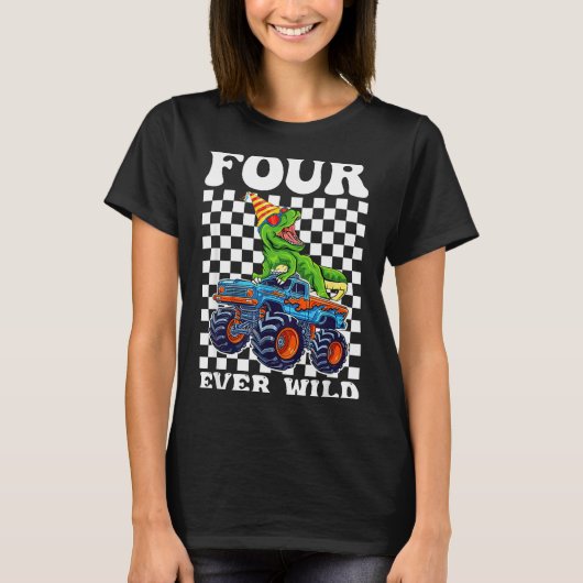 Kids Four Ever Wild Dinosaur Monster Truck 4th Bir Tシャツ (正面)