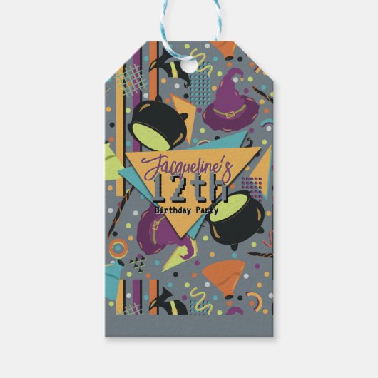 Kids Gray Retro Witchy Halloween Birthday ギフトタグ (正面)