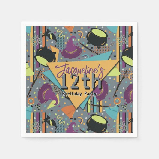 Kids Gray Retro Witchy Halloween Birthday スタンダードカクテルナプキン (正面)