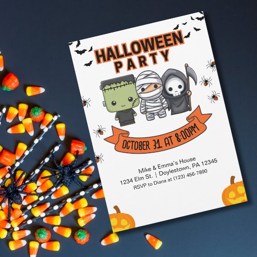 Kids Halloween Frankenstein Mummy Grim Reaper 招待状