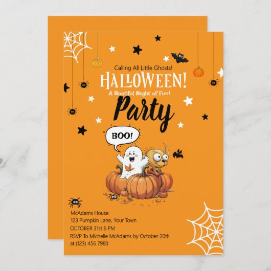 Kids Halloween Pumpkin Ghost Invitation 招待状 (正面/裏面)