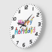 Kids Happy Holidays Stick Figure Typography ラージ壁時計 (傾斜)