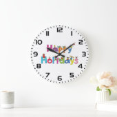 Kids Happy Holidays Stick Figure Typography ラージ壁時計 (ホーム)