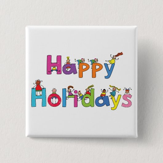 Kids Happy Holidays Stick Figure Typography 缶バッジ (正面)