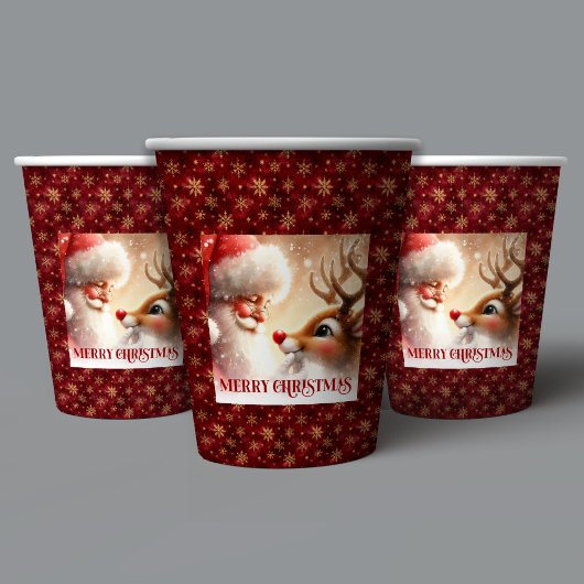 Kids Holiday Cups with Santa and Red Nose Rudolph 紙コップ