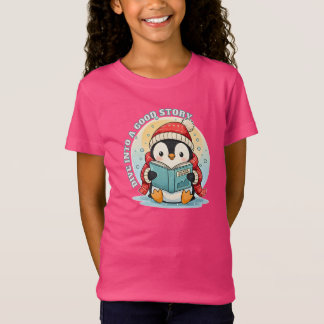 Kids' Hot Pink Reading Penguin Storytime Cotton Te Tシャツ