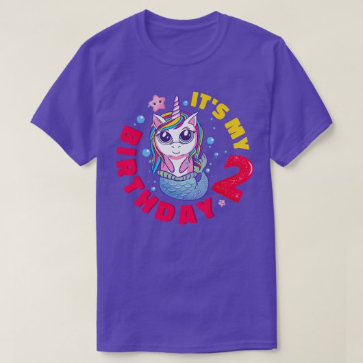 Kids It's My 2nd Birthday Happy 2 Year Unicorn Mer Tシャツ (デザイン正面)