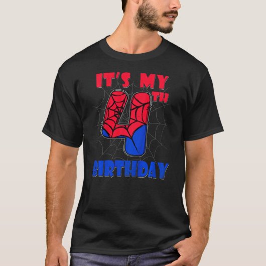 Kids It's My 4th Birthday Spider Theme Party 4 Yea Tシャツ (正面)