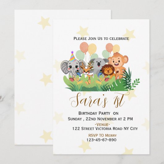 Kids Jungle Safari Birthday Party Invitation  招待状 (正面/裏面)