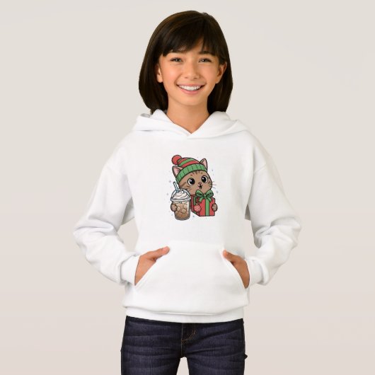 Kids' Kawaii Christmas Cat & Iced Latte Pullover (正面フル)