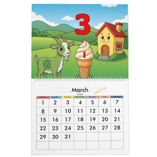 Kids Learning Calendar – ABC & 123 Educational カレンダー (3月 2026)