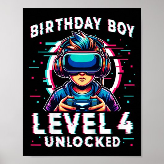 Kids Level 4 Unlocked 4 Years Old Birthday Gamer F ポスター (正面)