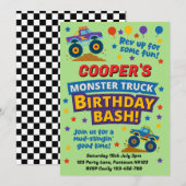 Kids Monster Truck Birthday Party Green  招待状 (正面/裏面)