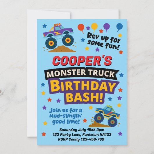 Kids Monster Truck Birthday Party Invitation 招待状 (正面)