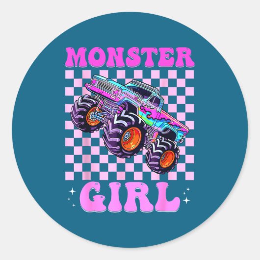 Kids Monster Truck Girl Nk Monster Trucks Lover Mo ラウンドシール (正面)