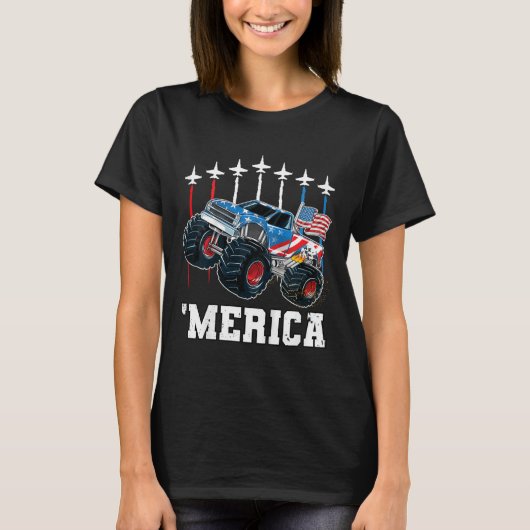 Kids Monster Truck Usa Flag Patriotic Toddlers Boy Tシャツ (正面)