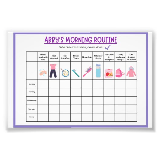 Kids Morning Routine Checklist with Cute Icons フォトプリント (正面)
