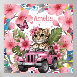 Kids Name & Floral Baby Jungle Animals Nursery  ポスター