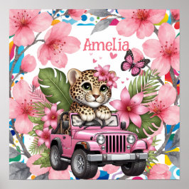 Kids Name & Floral Baby Jungle Animals Nursery  ポスター