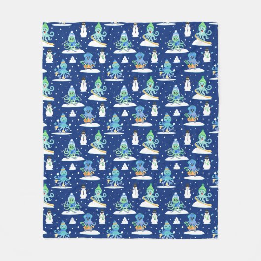 Kids Octopus Winter Sports Funny Animal  フリースブランケット (正面)