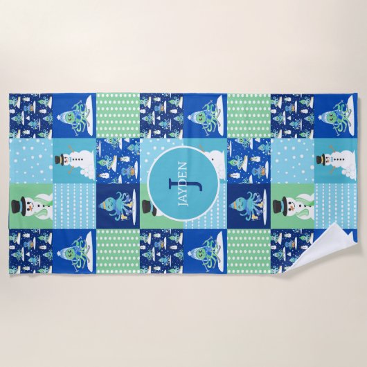Kids Octopus Winter Sports Patchwork Personalized  ビーチタオル (正面)