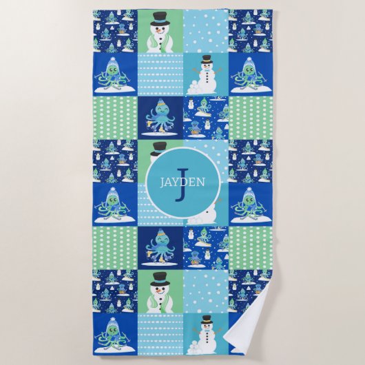Kids Octopus Winter Sports Patchwork Personalized  ビーチタオル (正面)