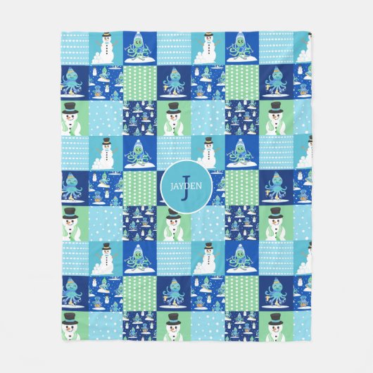 Kids Octopus Winter Sports Patchwork Personalized  フリースブランケット (正面)