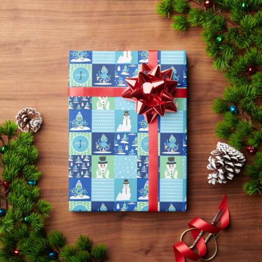 Kids Octopus Winter Sports Patchwork Personalized ラッピングペーパー (クリスマスギフト)